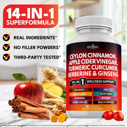 Ceylon Cinnamon Turmeric ACV Ginseng Berberine Banaba 60 Count