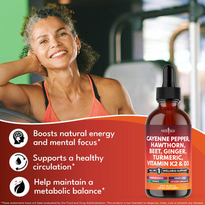 Cayenne Pepper Liquid Drops with Hawthorn Berry, D3 K2 - 4oz