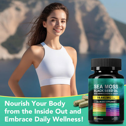 CFXYHNOX Sea Moss & Black Seed Oil Capsules with Ashwagandha – 60 Count (Plant-Based)