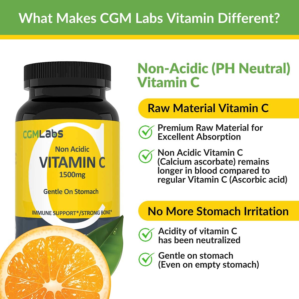 Non Acidic Vitamin C 1500mg with Calcium - Gentle on Stomach | Immune & Bone Support | CGM Labs