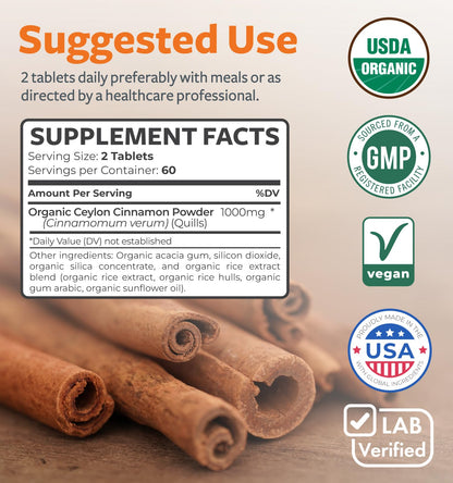 USDA Organic Ceylon Cinnamon Pills - 1000mg per Serving, 120 Veggie Capsules | Full Body Antioxidant Support | Vegan & Non-GMO (2 Months Supply)