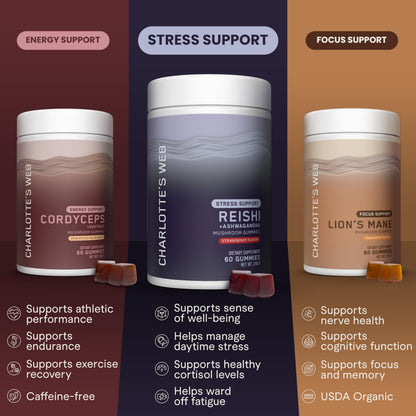Charlotte's Web Stress Support Mushroom Gummies with Reishi, Ashwagandha & Rhodiola – Strawberry, 30 Servings