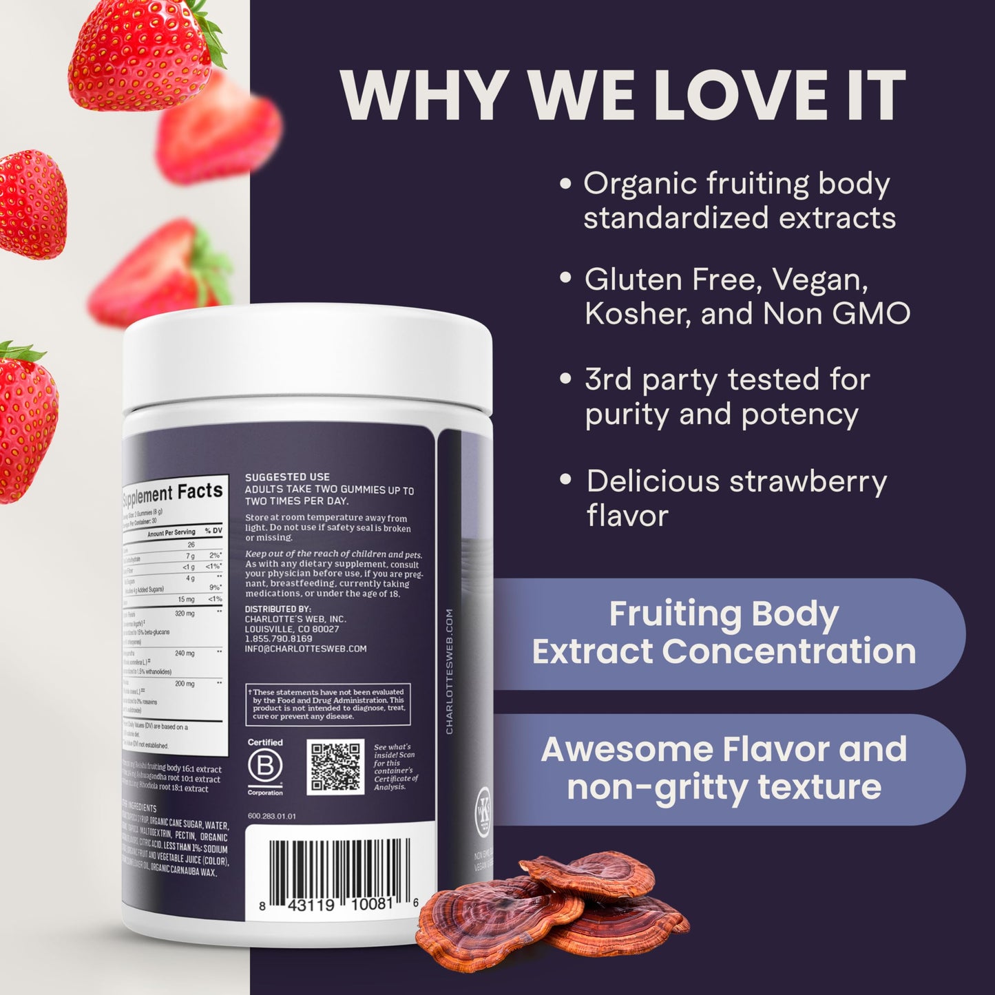 Charlotte's Web Stress Support Mushroom Gummies with Reishi, Ashwagandha & Rhodiola – Strawberry, 30 Servings