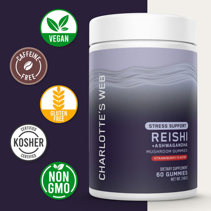 Charlotte's Web Stress Support Mushroom Gummies with Reishi, Ashwagandha & Rhodiola – Strawberry, 30 Servings