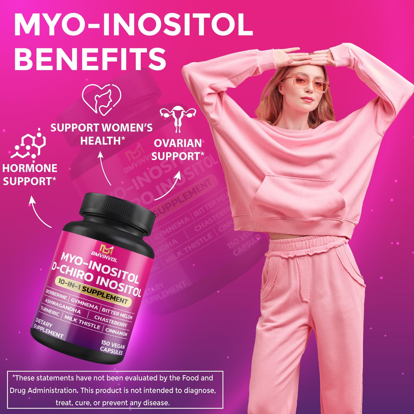 BMVINVOL Inositol Supplement – 40:1 Myo-Inositol & D-Chiro Inositol, Berberine, Cinnamon, Ashwagandha – 150 Capsules