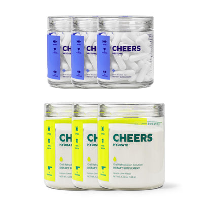 Cheers Classic Combo | Restore + Hydrate After Drinking | DHM, Electrolytes, B-Vitamins | 12 Doses Each