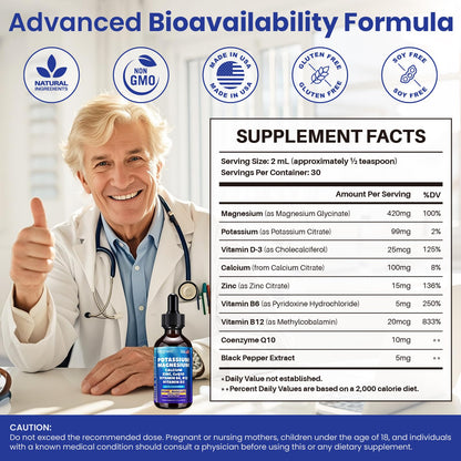 Potassium Magnesium Calcium Zinc Liquid Complex with D3, B6, B12 & CoQ10 | Chelated Minerals for Heart, Bones, Sleep & Anti-Aging | 2 fl oz