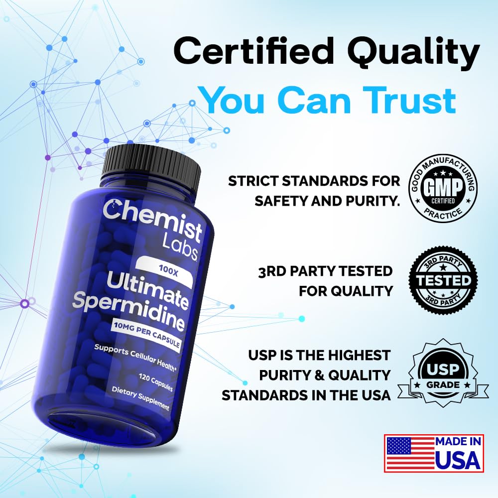 Chemist Labs Spermidine Supplements – 100x Formula, 10 mg/capsule, 120 Servings, Vegan, 3rd-Party Tested