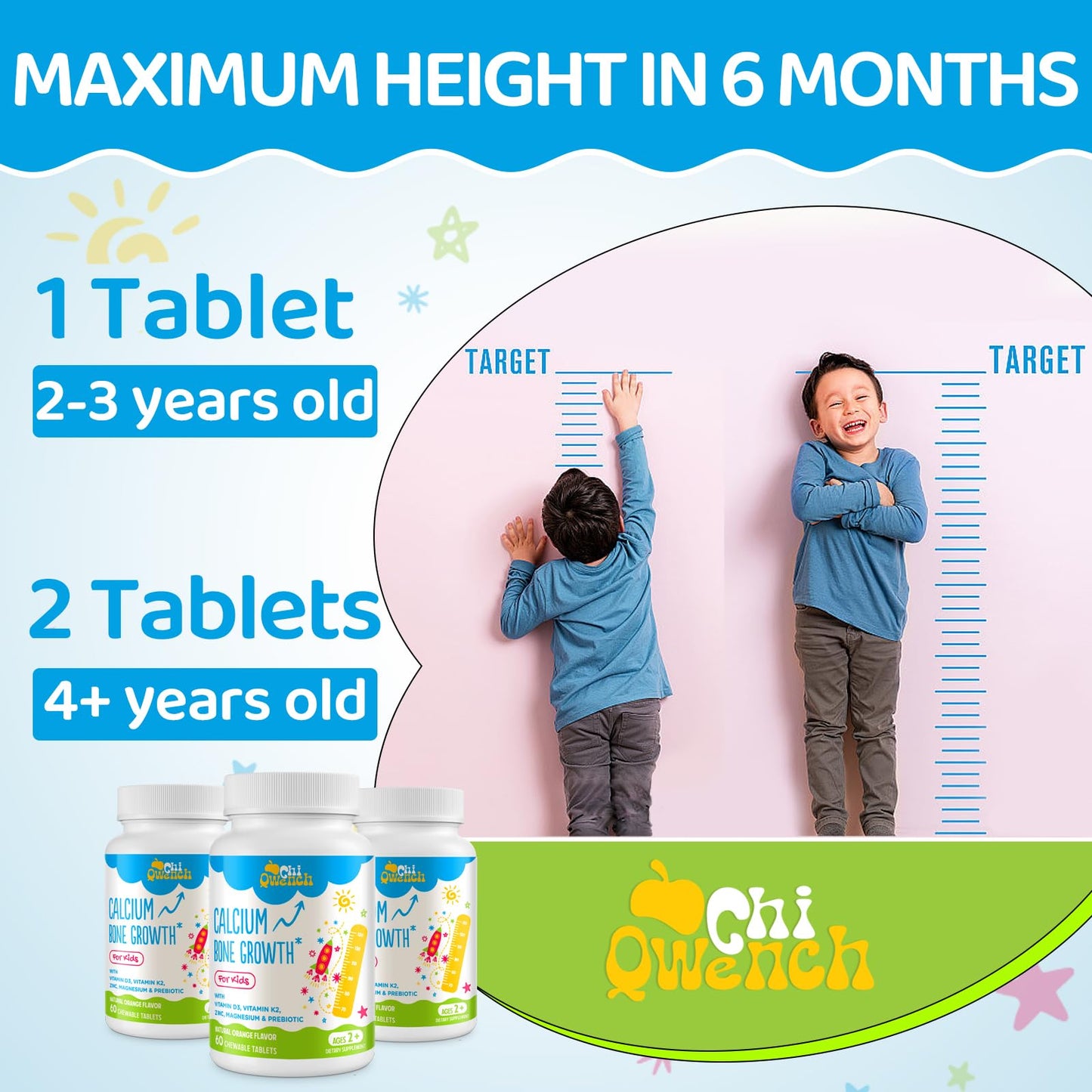 ChiQwench 500 mg Calcium with Vitamin D3 & K2 + Zinc, Magnesium & Prebiotics for Kids – Bone Strength, Height Support, Orange Chewables, Non-GMO, Gluten Free, 60 Tabs