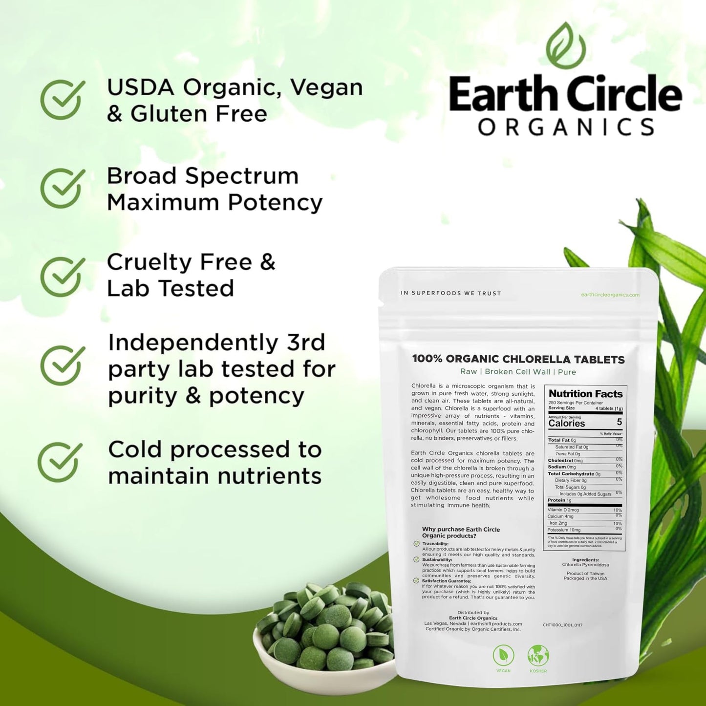 Earth Circle Organics Organic Chlorella Tablets 1000 Count | High Potency Chlorophyll Supplement | Broken Cell Wall for Absorption | Vegan, Kosher, Non-GMO | Pack of 3