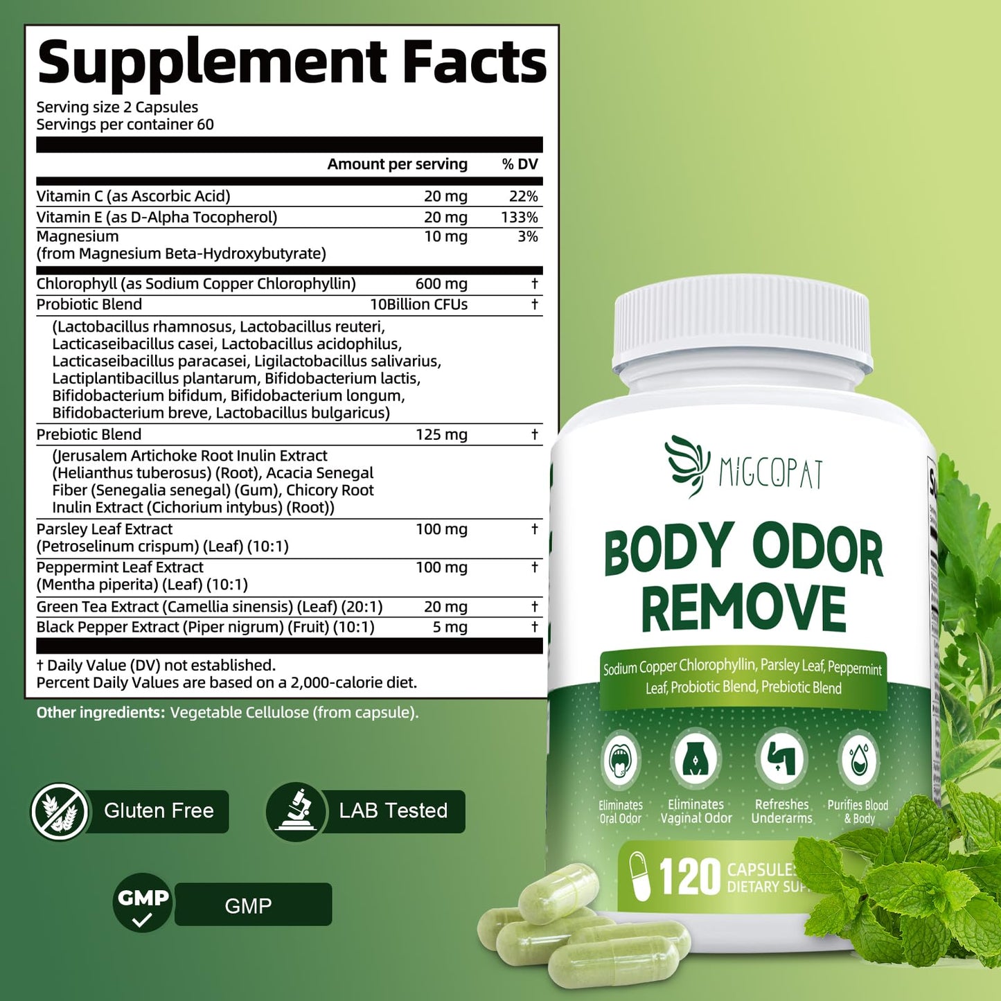 Chlorophyll Body Deodorizing Capsule - 10B CFU Probiotics, 120 Caps