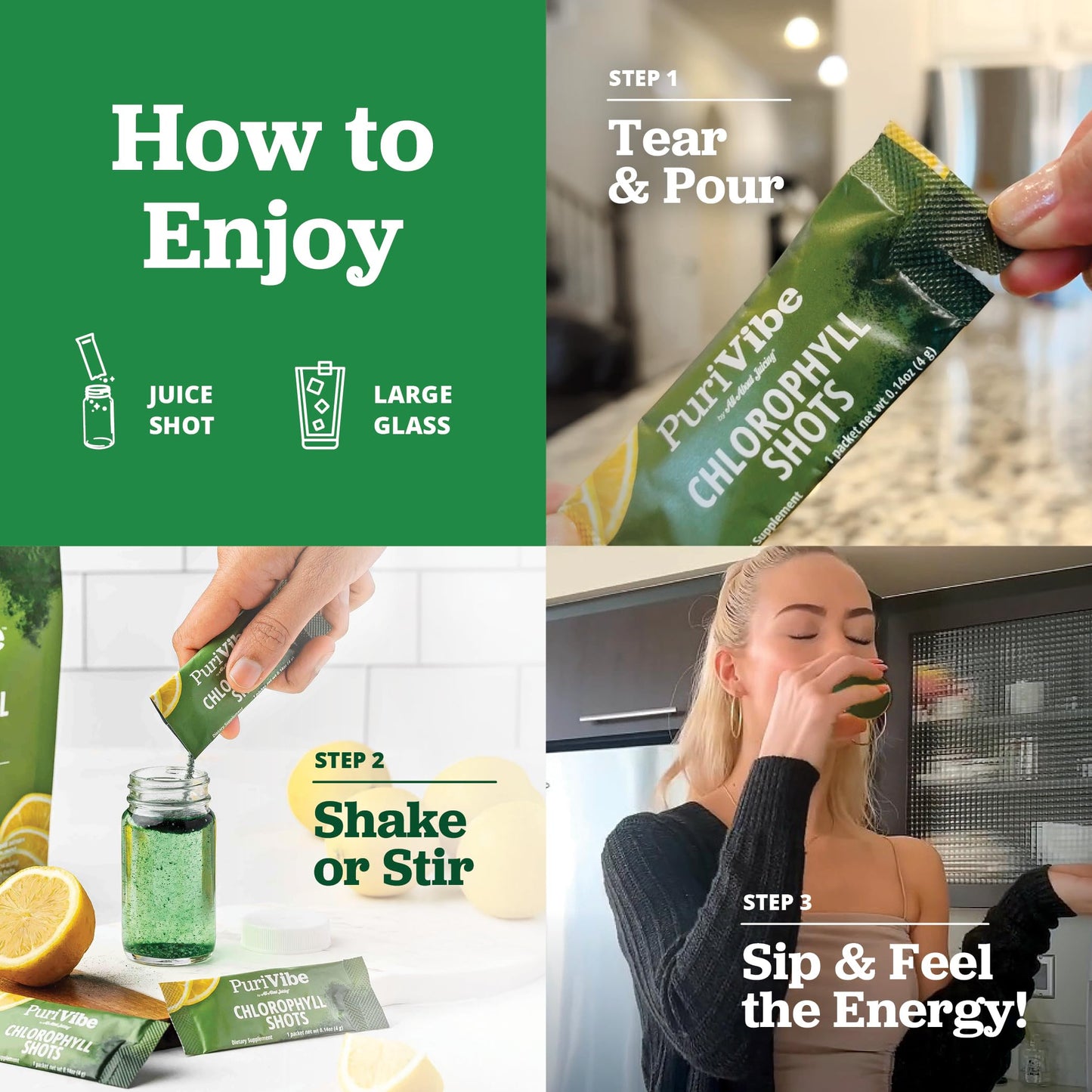 All About Juicing Chlorophyll Green Juice Shots - Clean Energy, Detox, Alkalize | PuriVibe