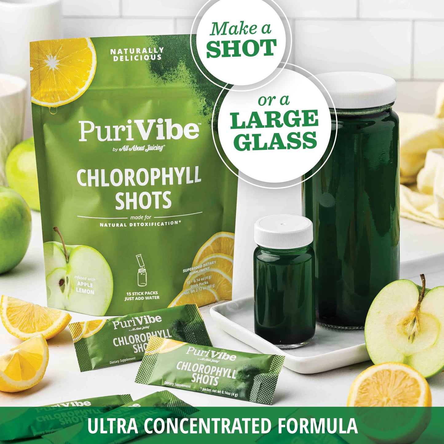 All About Juicing Chlorophyll Green Juice Shots - Clean Energy, Detox, Alkalize | PuriVibe