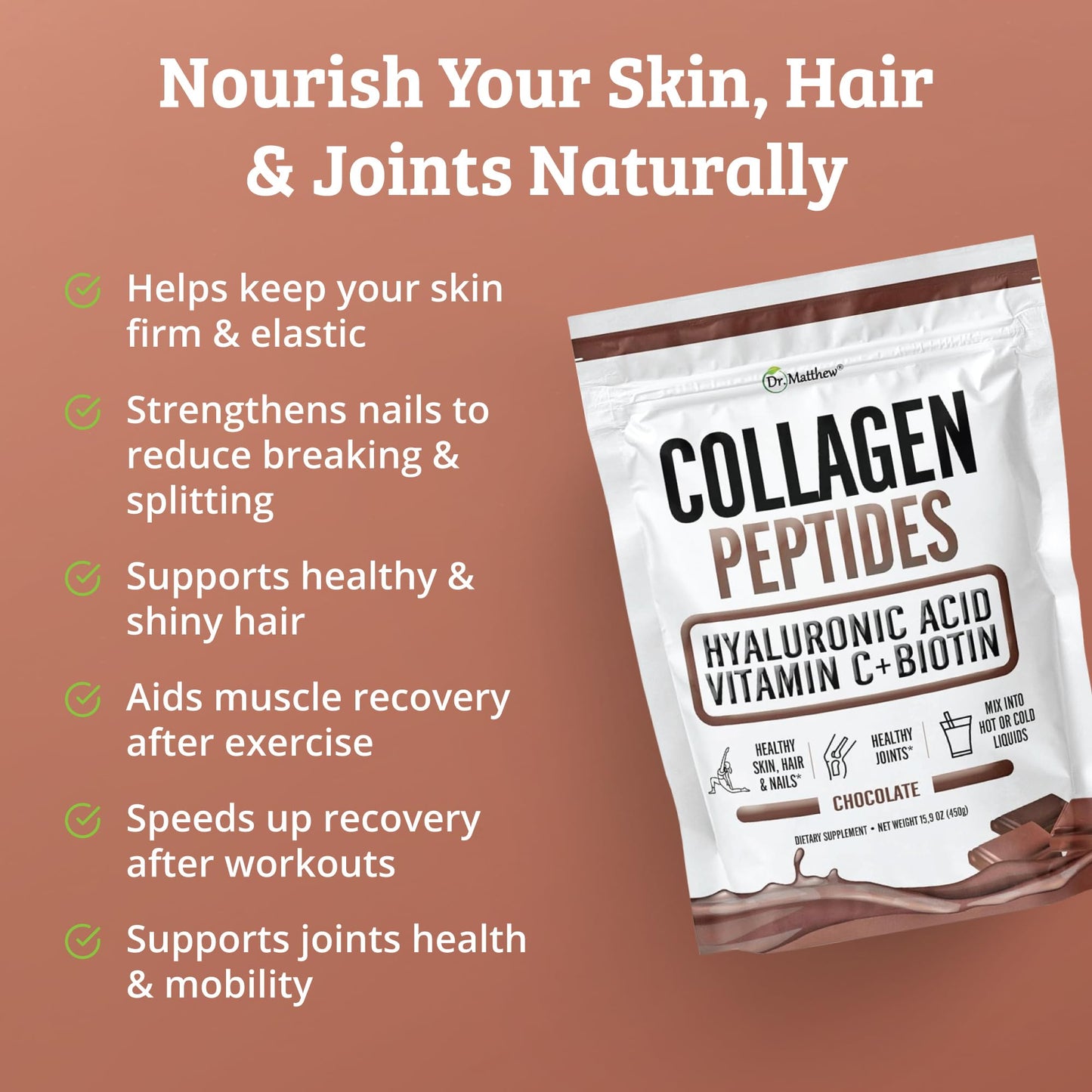 Chocolate Collagen Powder with Hyaluronic Acid, Vitamin C & Biotin – Keto Collagen for Hair, Skin, Nails & Joints