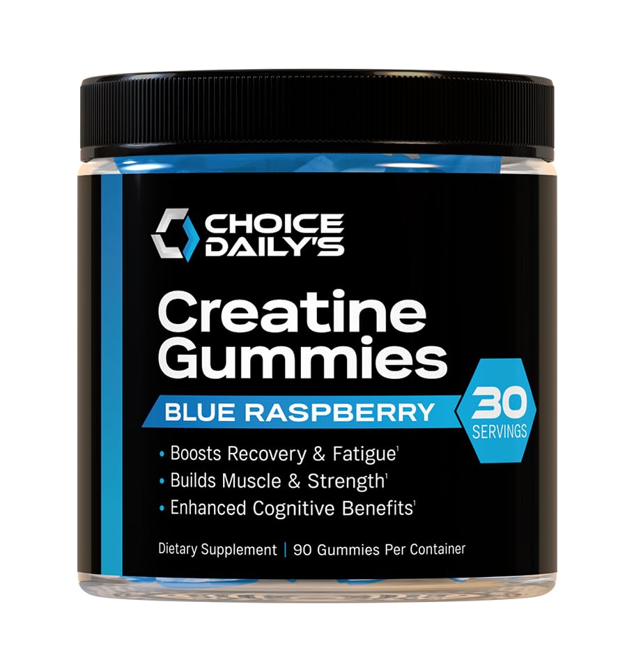 CHOICE DAILY’S Creatine Gummies - 90 Vegan Friendly Chews (Blue Raspberry) - USA Made - Muscle, Recovery & Cognitive Support