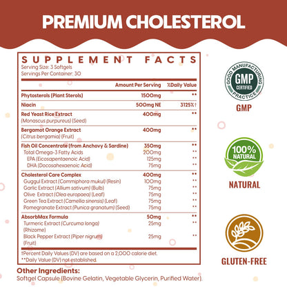 Cholesterol Supplements with Plant Sterols, Niacin, Red Yeast Rice & Citrus Bergamot - 180 Softgels