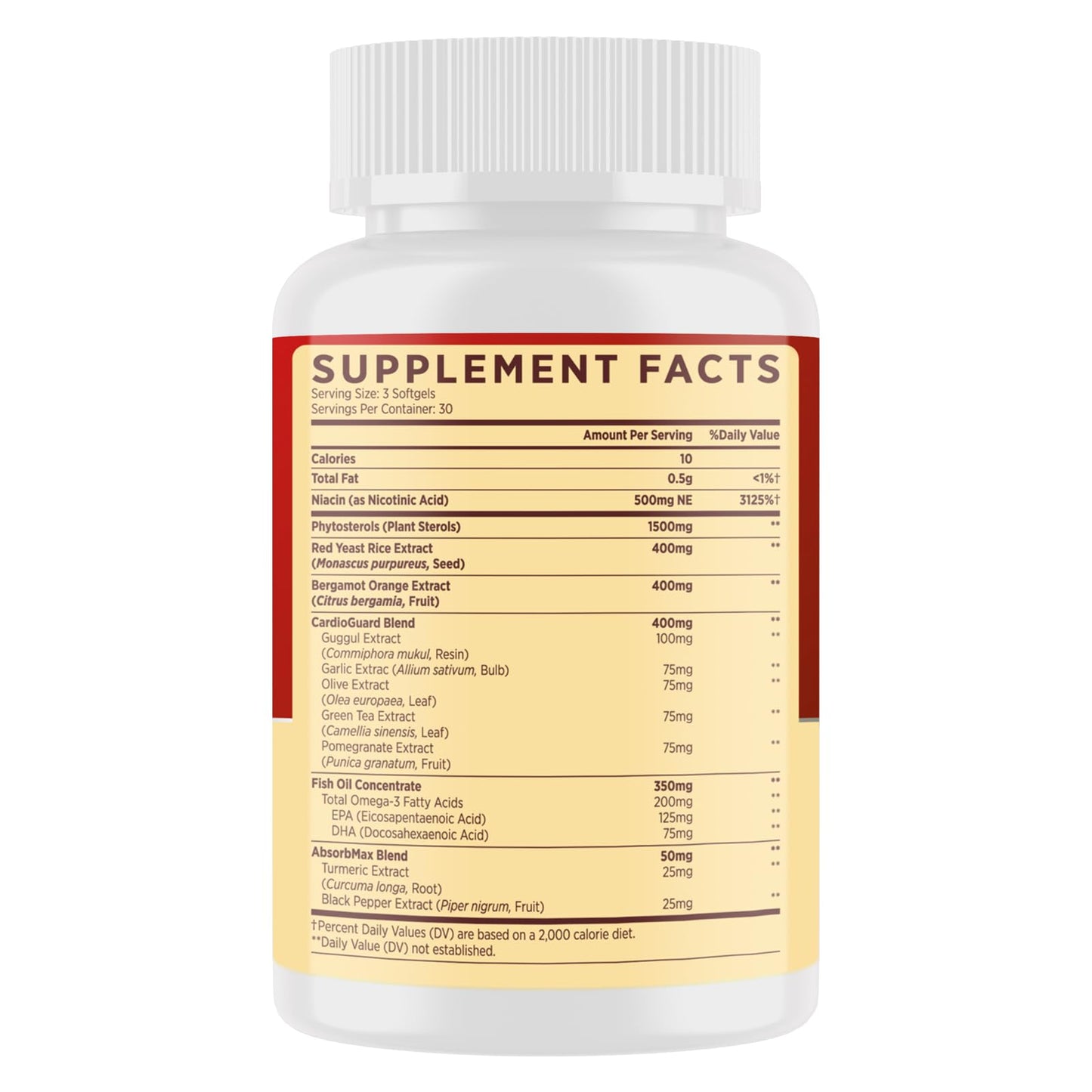 Cholesterol Supplements with Plant Sterols, Niacin, Red Yeast Rice, Bergamot, Omega-3 & Garlic - Advanced Absorption Formula - 90 Softgels