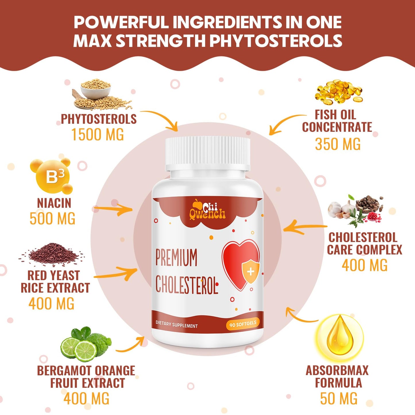 Cholesterol Supplements with Plant Sterols, Niacin, Red Yeast Rice & Citrus Bergamot - 180 Softgels