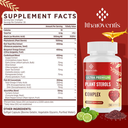 Cholesterol Supplements with Plant Sterols, Niacin, Red Yeast Rice, Bergamot, Omega-3 & Garlic - Advanced Absorption Formula - 90 Softgels