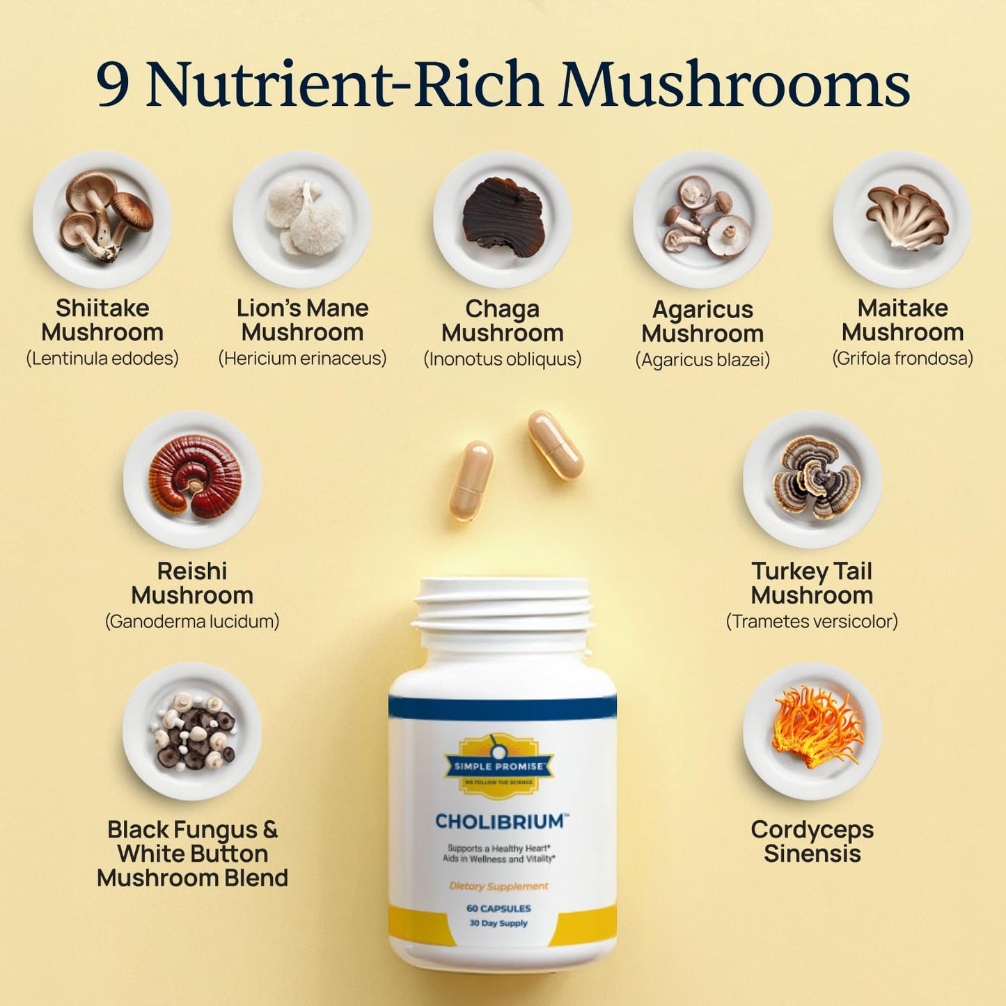 Cholibrium 9-in-1 Mushroom Complex Capsules – Immune Support, Focus & Heart Health