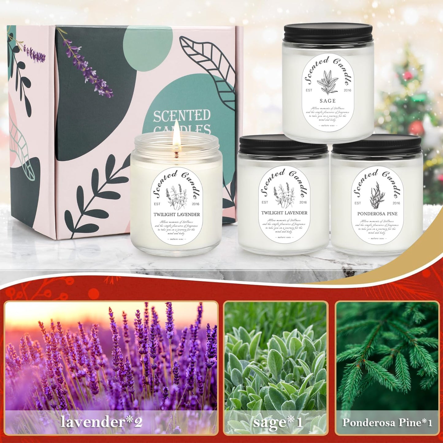 Lavender Candle Gift Set 4-Pack | Soy Wax Aromatherapy Candles for Relaxation & Christmas Gifts