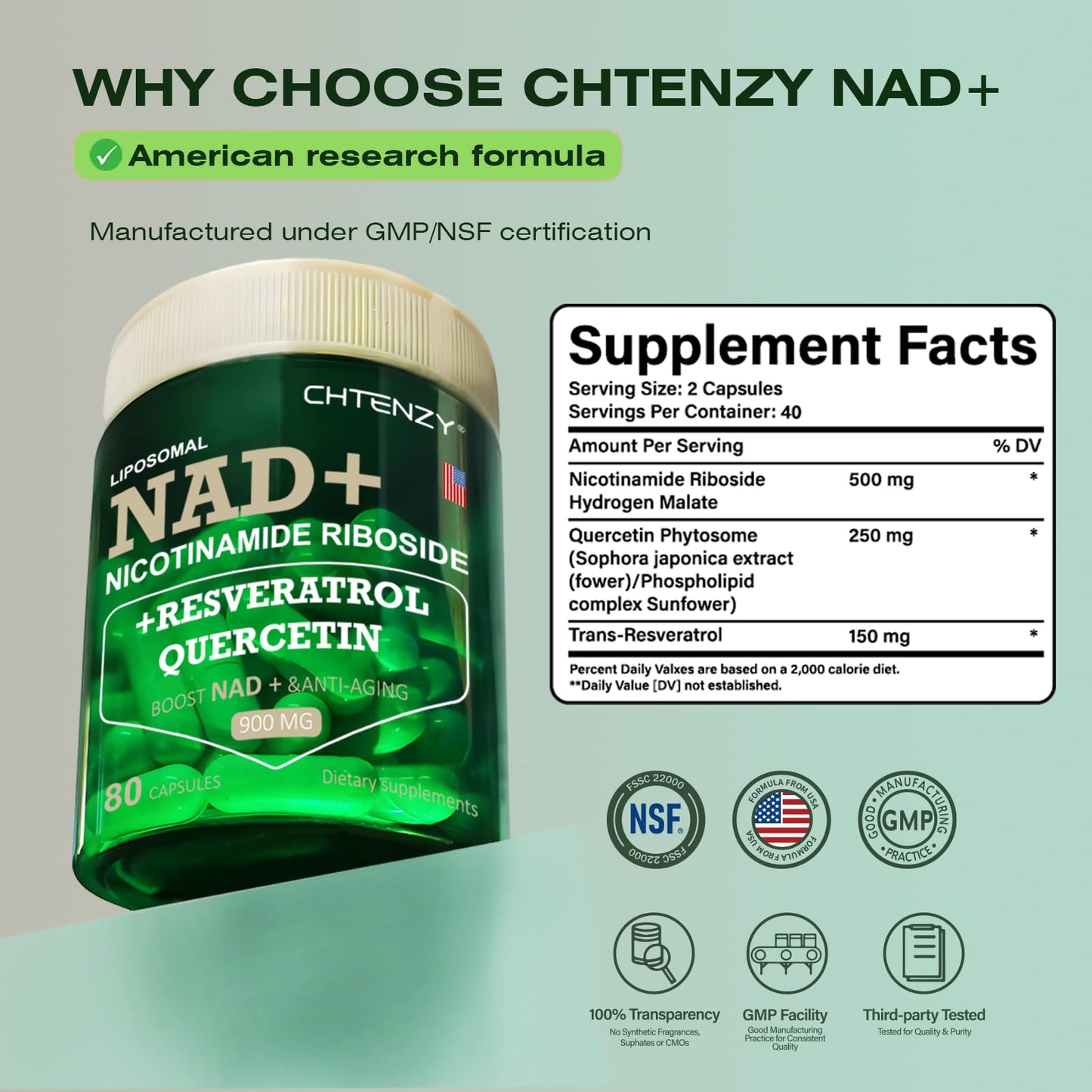 CHTENZY Nicotinamide Riboside 900mg | Liposomal with Resveratrol & Quercetin | 80 Capsules x 4 Bottles