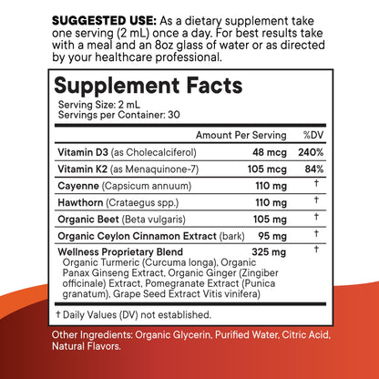 Cayenne Pepper Liquid Drops with Hawthorn Berry, D3 K2, Beet Root Powder, Cinnamon, Turmeric & Ginseng - 2oz