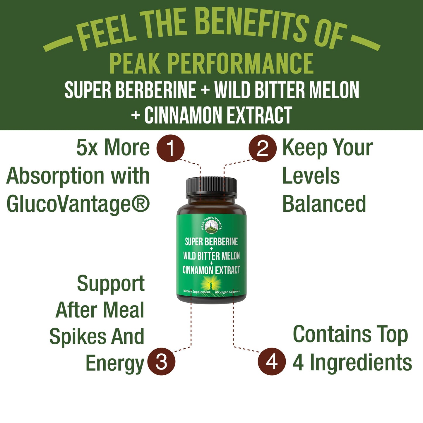 Ultra High Strength 4-in-1 Berberine: GlucoVantage, Bitter Melon, Cinnamon & Chromium (Vegan)