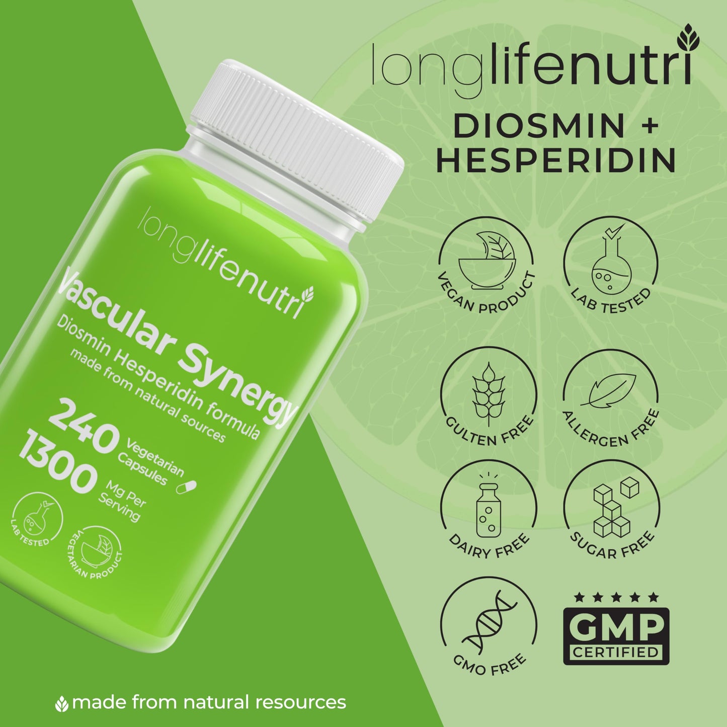 LongLifeNutri Diosmin Hesperidin Complex – Vein Health & Circulation Support, 240 Capsules (4-Month Supply) – Made in USA