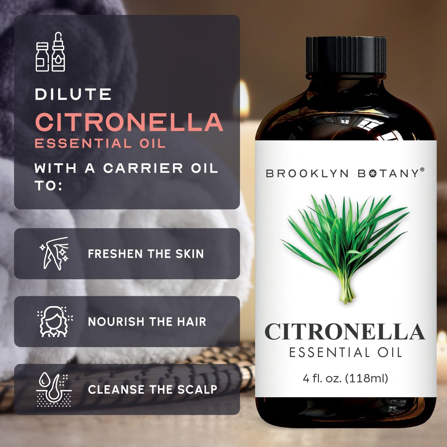 Brooklyn Botany Citronella Essential Oil - 4 oz Dropper, 100% Pure & Natural