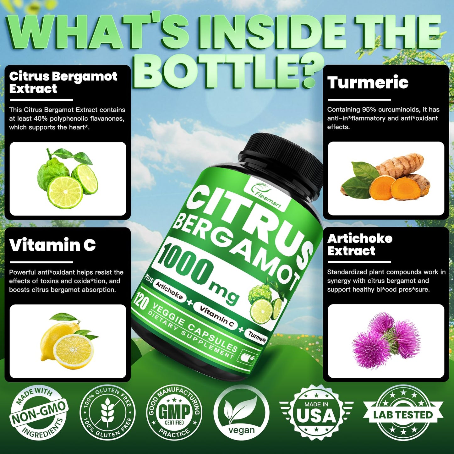 Citrus Bergamot 1000mg with Vitamin C – High Absorption 120 Capsules (Gluten Free, Non-GMO, Vegan)