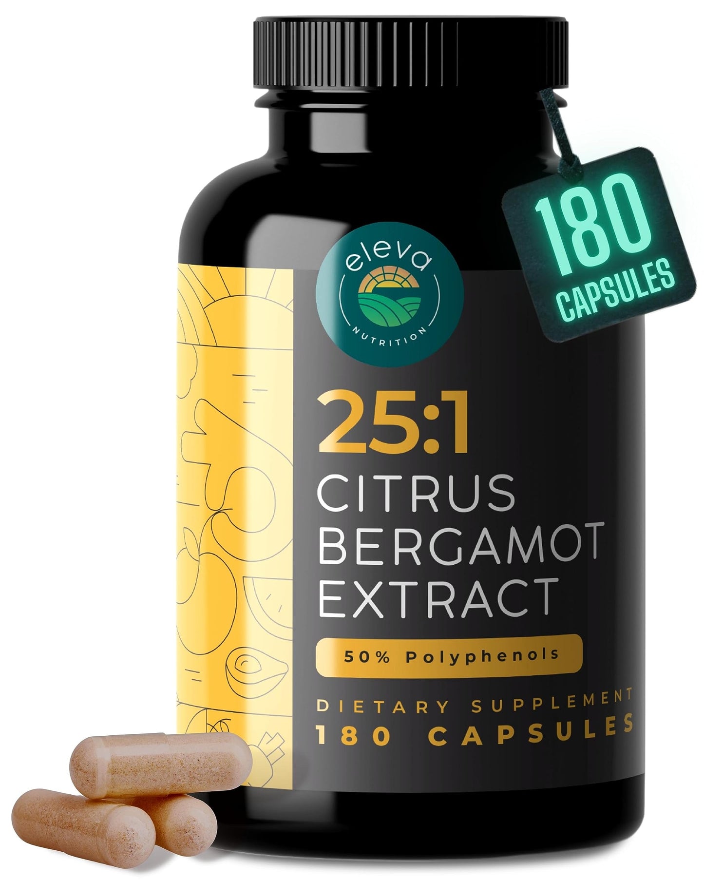 Citrus Bergamot Extract 1000mg Capsules – 25:1 | 50% Polyphenols | 5mg Black Pepper | Vegan & Non-GMO | 180 Capsules | Eleva Nutrition