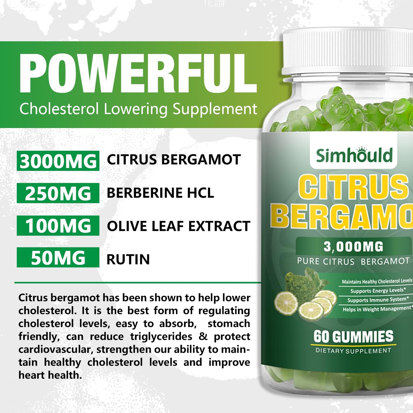 2 Pack Citrus Bergamot Gummies - 3000mg Bergamot Extract for Immune Support, Heart Health, and Healthy Aging - Vegan Lime Flavor (120 Gummies)