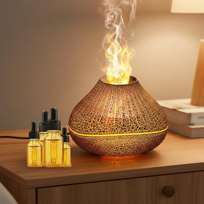 CJC Essential Oil Volcano Diffuser – LED Flame, 7-Color Lights, Quiet Mist, Auto-Off, 160ml with 4 Oils