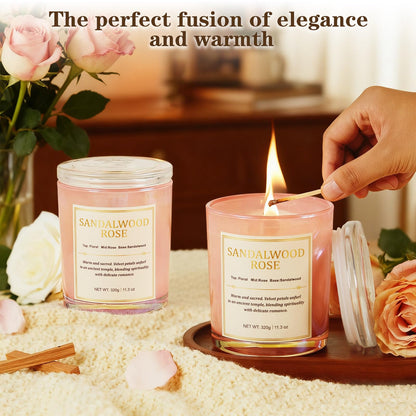 CJVIUS 2 Pack Candles – Wood Wick Sandalwood Rose, 22.6 oz, 150 Hour Burn Time, Natural Soy Wax Gift Set