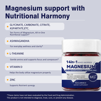 CKPCKP 14-in-1 Magnesium Gummies with Ashwagandha, L-Theanine, Vitamin D3 & Zinc – Magnesium Glycinate for Women – 60 Gummies