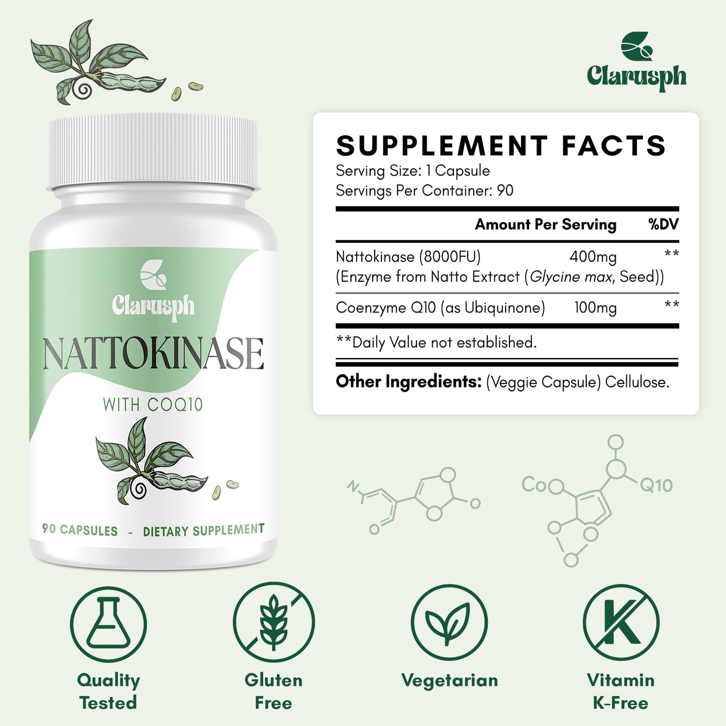 Clarusph Nattokinase Supplement for Circulation – 8000 FU + CoQ10, 90 Capsules, Gluten-Free