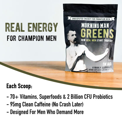 Morning Man Greens Probiotic Superfood Mix – 95mg Caffeine, 75+ Vitamins, Gluten Free, Vegan, 30 Servings