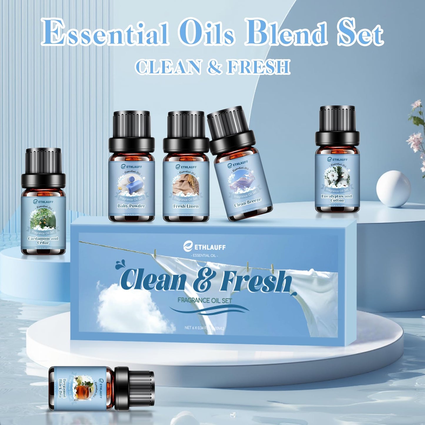 Clean Essential Oils Set – 6 Pack for Diffusers & Laundry