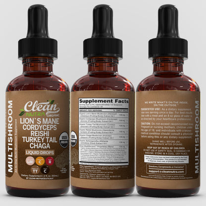Clean Nutra Mushroom Liquid Drops | Lions Mane, Cordyceps, Reishi & Turkey Tail