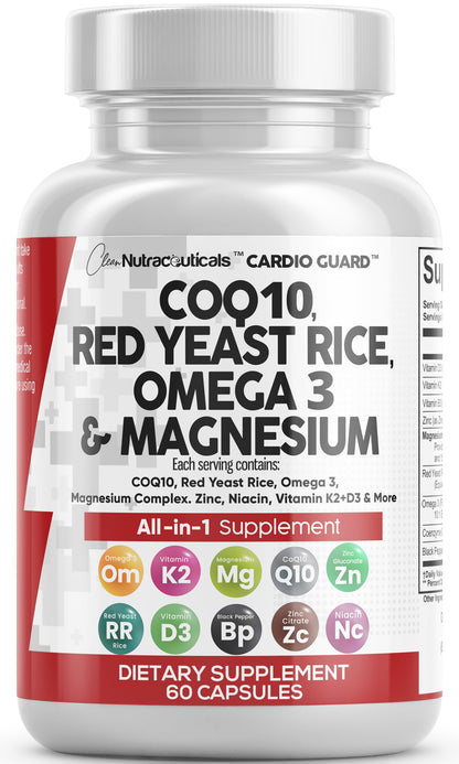 Clean Nutra CardioGuard: CoQ10 200mg + Red Yeast Rice | Omega-3, Mg, K2+D3
