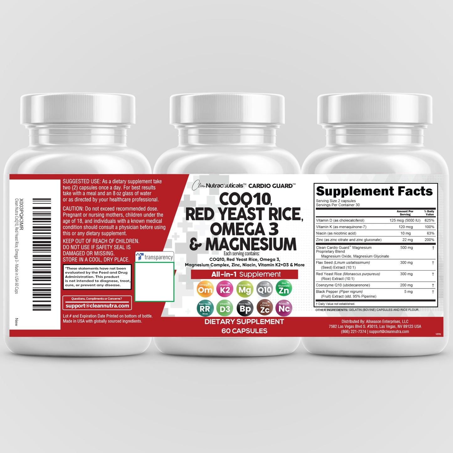 Clean Nutra CardioGuard: CoQ10 200mg + Red Yeast Rice | Omega-3, Mg, K2+D3