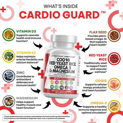 Clean Nutra CardioGuard: CoQ10 200mg + Red Yeast Rice | Omega-3, Mg, K2+D3