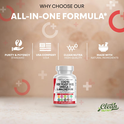 Clean Nutra CardioGuard: CoQ10 200mg + Red Yeast Rice | Omega-3, Mg, K2+D3