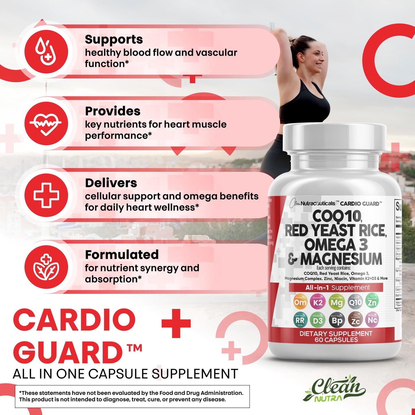 Clean Nutra CardioGuard: CoQ10 200mg + Red Yeast Rice | Omega-3, Mg, K2+D3