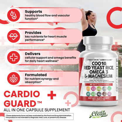 Clean Nutra CardioGuard: CoQ10 200mg + Red Yeast Rice | Omega-3, Mg, K2+D3