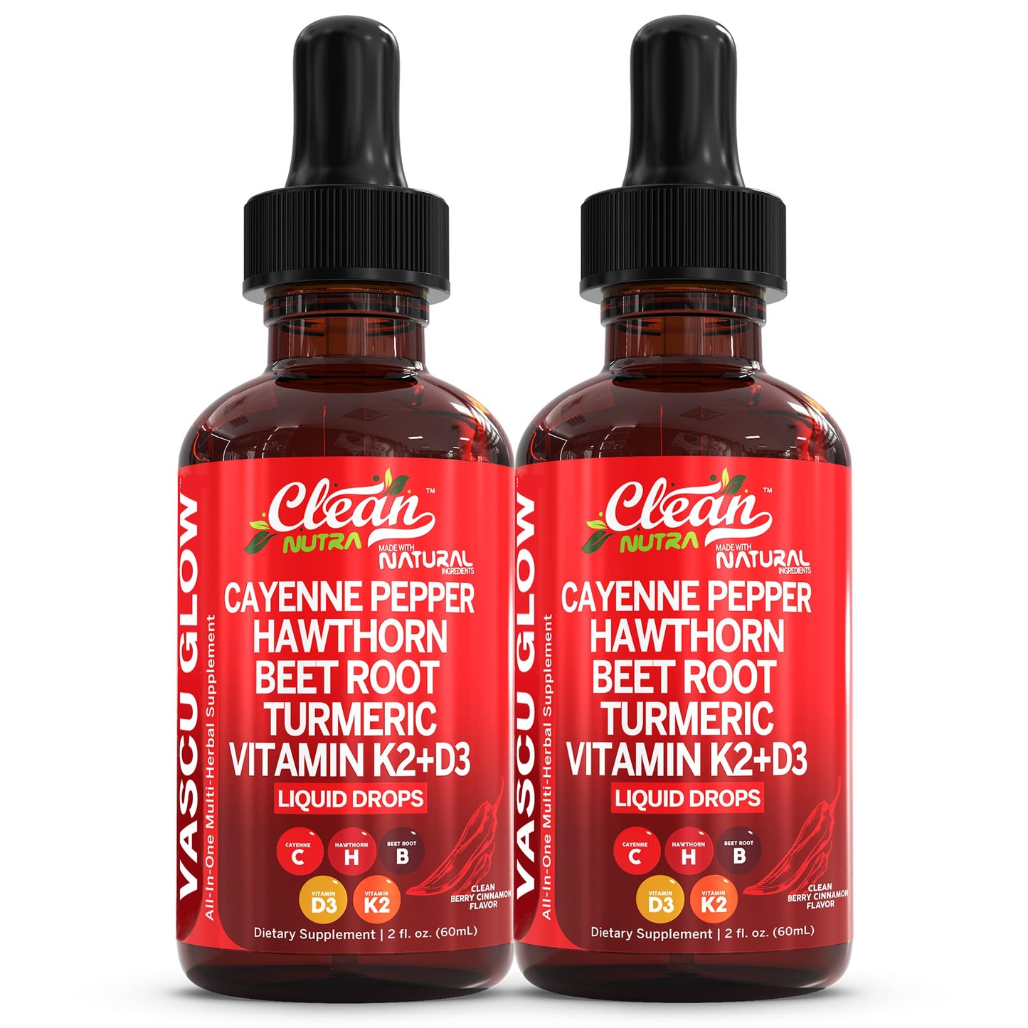 Clean Nutra Cayenne Pepper Drops Supplement Liquid + Hawthorn Berry, Vitamin D3 K2 Beet Root Powder, Ceylon Cinnamon, Turmeric Curcumin, Organic Panax Ginseng, Berberine Extract Organic (2)