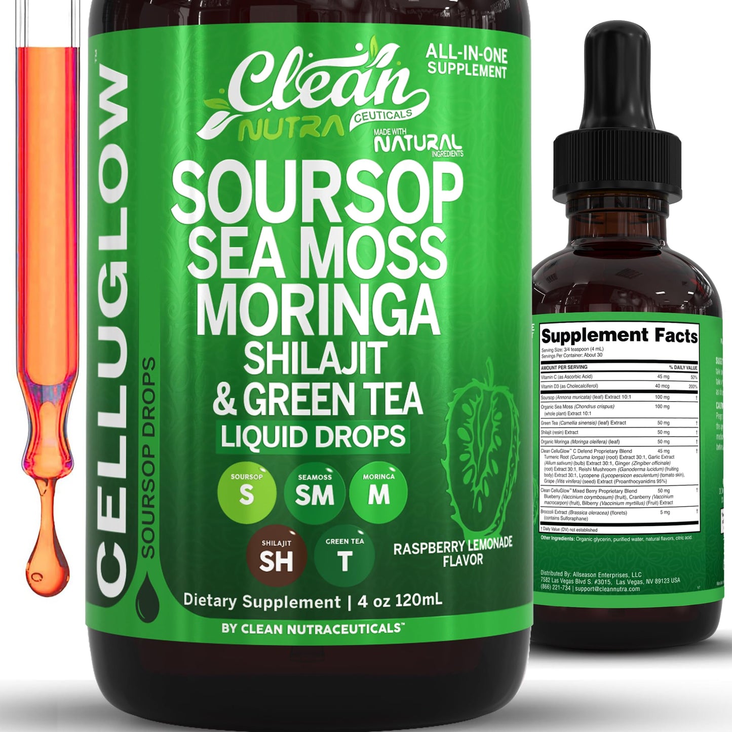Clean Nutra CelluGlow Liquid Drops – Soursop, Sea Moss, Moringa (120 mL) Raspberry Lemonade