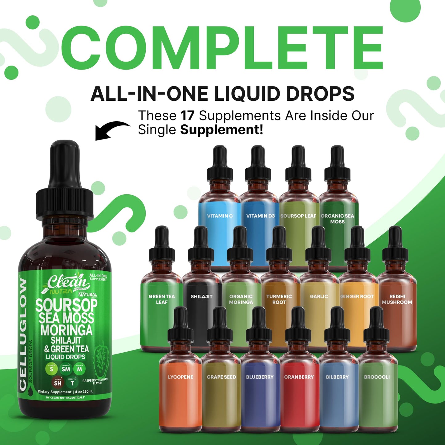 Clean Nutra CelluGlow Liquid Drops – Soursop, Sea Moss, Moringa (120 mL) Raspberry Lemonade