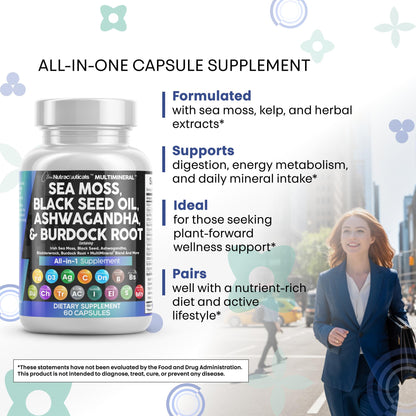Clean Nutraceuticals Sea Moss & Black Seed Oil 15-in-1 with Ashwagandha, Turmeric, Vitamin C & D3